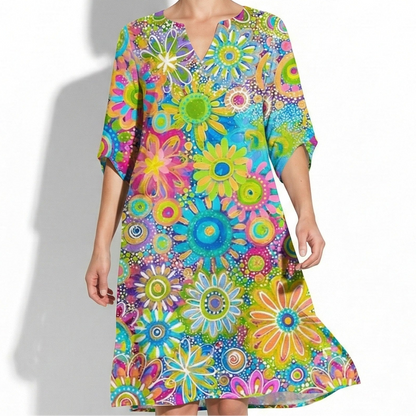 Women's mini dress with V-neck and floral pattern