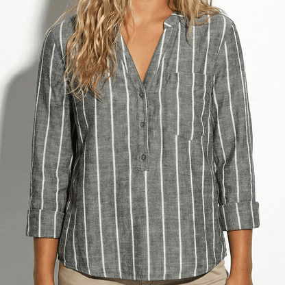 Damen Henley Bluse mit Stehkragen und Streifenmuster Krempelärmel mit Riegel aus Leichtem Mischgewebe