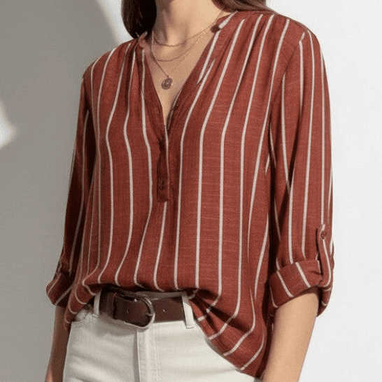 Damen Henley Bluse mit Stehkragen und Streifenmuster Krempelärmel mit Riegel aus Leichtem Mischgewebe