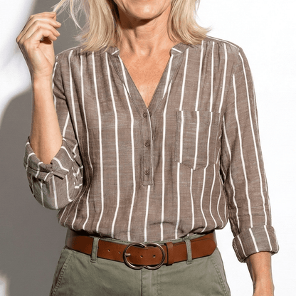 Damen Henley Bluse mit Stehkragen und Streifenmuster Krempelärmel mit Riegel aus Leichtem Mischgewebe