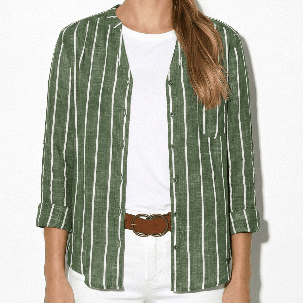 Damen Henley Bluse mit Stehkragen und Streifenmuster Krempelärmel mit Riegel aus Leichtem Mischgewebe