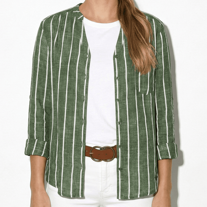 Damen Henley Bluse mit Stehkragen und Streifenmuster Krempelärmel mit Riegel aus Leichtem Mischgewebe