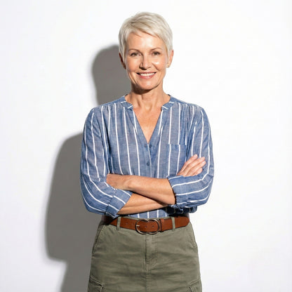 Damen Henley Bluse mit Stehkragen und Streifenmuster Krempelärmel mit Riegel aus Leichtem Mischgewebe