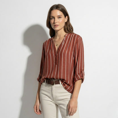 Damen Henley Bluse mit Stehkragen und Streifenmuster Krempelärmel mit Riegel aus Leichtem Mischgewebe