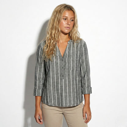 Damen Henley Bluse mit Stehkragen und Streifenmuster Krempelärmel mit Riegel aus Leichtem Mischgewebe