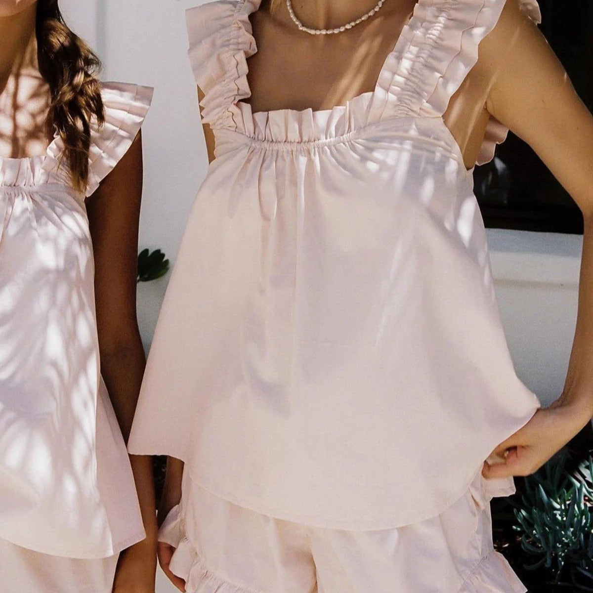 Damen Loungewear Oberteil Ärmellos mit Rüschenträgern aus Baumwollmischung