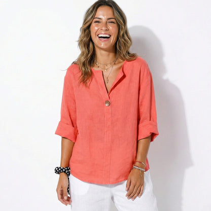 Damenbluse mit V-Ausschnitt, Knopfleiste und 3/4-Ärmeln