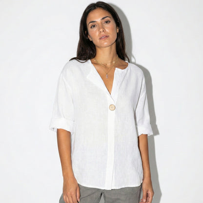 Damenbluse mit V-Ausschnitt, Knopfleiste und 3/4-Ärmeln