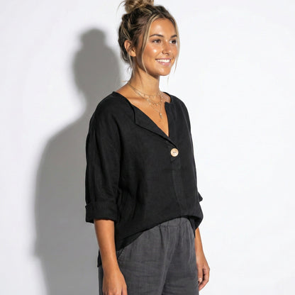 Damenbluse mit V-Ausschnitt, Knopfleiste und 3/4-Ärmeln