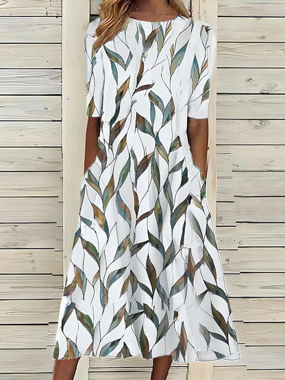 Women's Midi Dress with Floral Print in A-Line, Round Neckline, Short Sleeves with Side Pockets