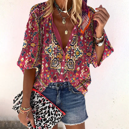 Damenbluse aus leichter Baumwollmischung mit Knopfleiste und halblangen Ärmeln