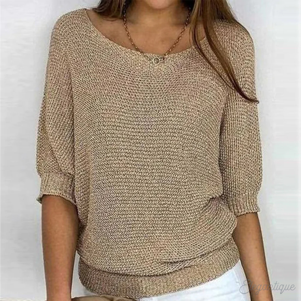 Damen Strickpullover mit weitem U-Boot-Ausschnitt und 3/4-Ärmeln
