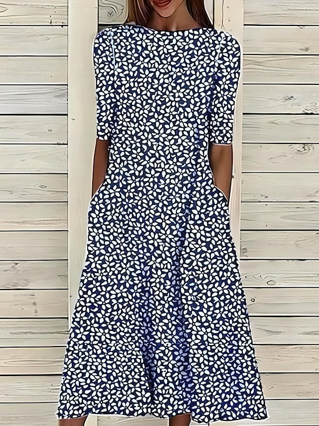 Women's Midi Dress with Floral Print in A-Line, Round Neckline, Short Sleeves with Side Pockets