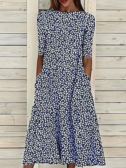 Women's Midi Dress with Floral Print in A-Line, Round Neckline, Short Sleeves with Side Pockets